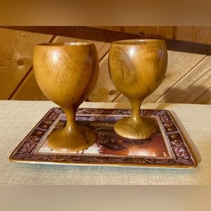 The House Of Myrtlewood Handcrafted Wine Goblets and Franklin Mint Plate.